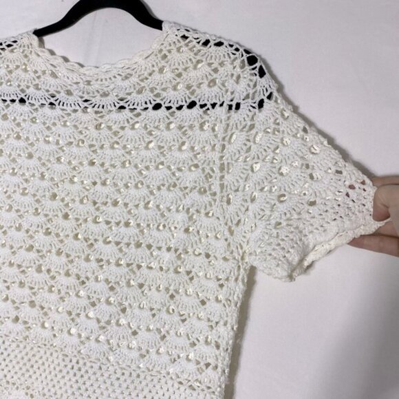 Vintage Cream Crochet Lace Knit Button Front Short Sleeve Cardigan M - Picture 10 of 12